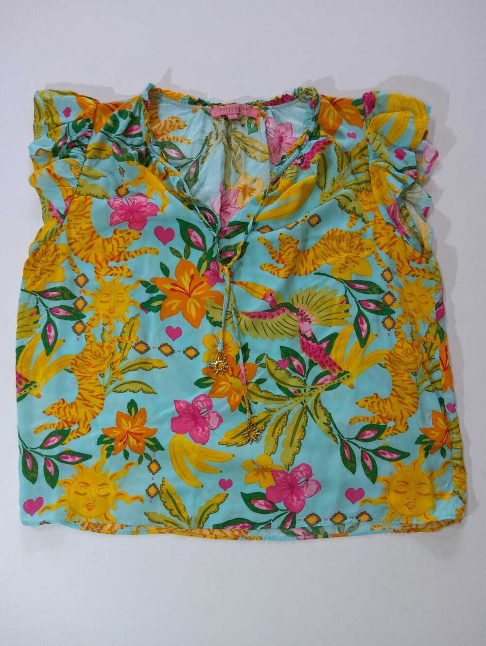Rose & Olive Blouse Womens Medium Teal Gold Purple Jungle Scene Flutter Sleeve